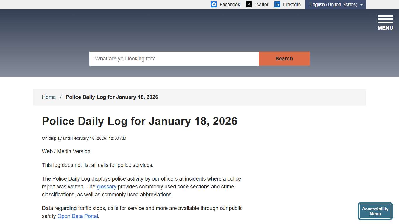 Police Daily Log for January 18, 2026 City of Menlo Park